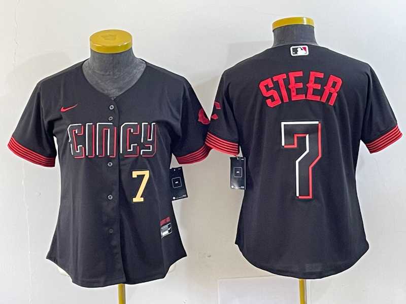 Womens Cincinnati Reds #7 Spencer Steer Numer Black 2023 City Connect Cool Base Stitched Baseball Jersey